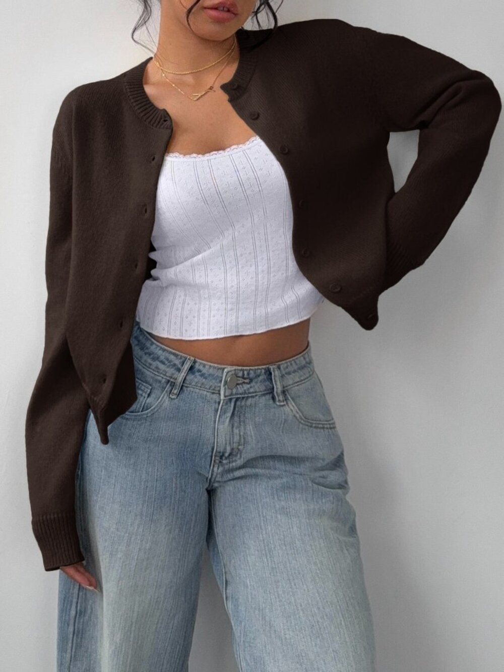 Coffee Brown Casual Women's Round Neck Long Sleeve Loose Cropped Cardigan - Picture 6 of 6